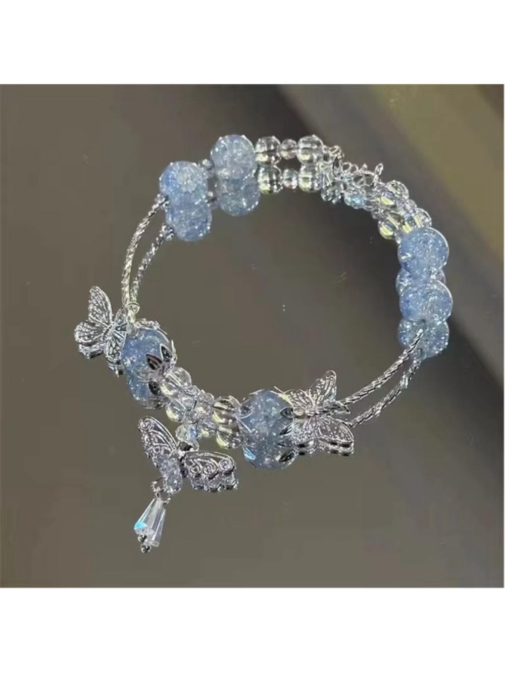 Silver Blue & Blue Butterfly Beaded Charm Bracelet NWT